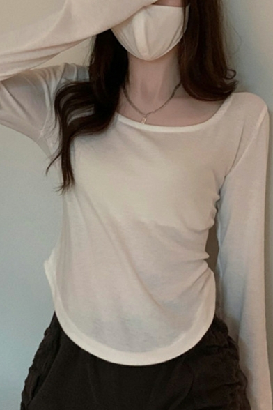 Ins Long-sleeved Women's Tee Casual U-neck Slim Fit Irregular T-shirt