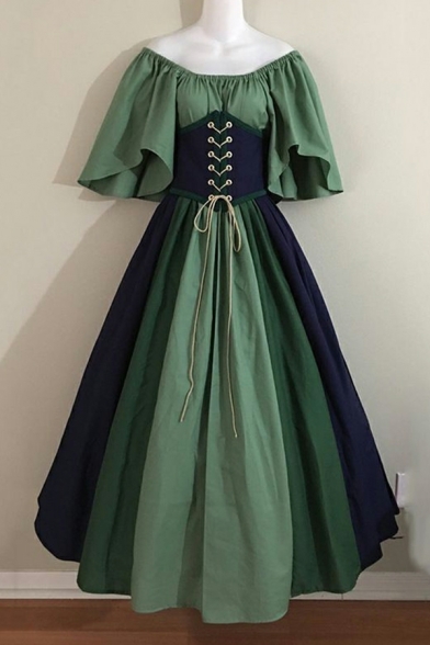 Medieval Vintage Dress Color Collision Mosaic Fly Sleeve Off The Shoulder Expansion Skirt