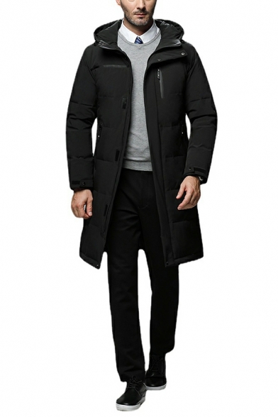 Retro Parka Coat Pure Color Long Sleeves Hooded Pocket Knee Length Zip down Parka Coat