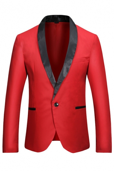 Trendy Men Blazer Contrast Color Pocket Long Sleeve Spread Collar Slim One Button Blazer
