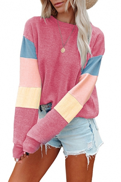 Women Edgy Sweatshirt Contrast Color Round Collar Long Sleeves Regular Fitted Sweatshirt