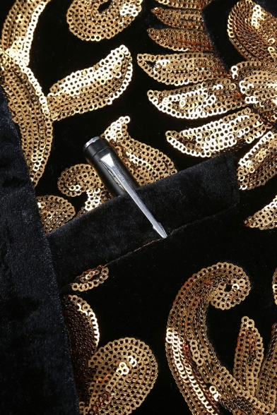Casual Blazer Sequins Pattern Lapel Collar Flap Pocket Single Button Blazer for Men