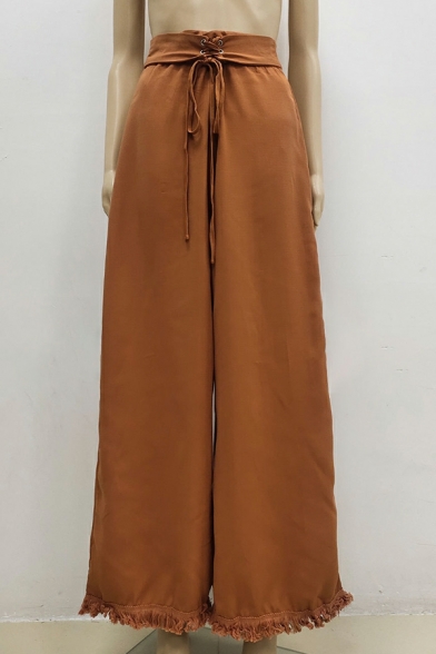 Chic Pants Pure Color High Rise Cut-out Wide Leg Drawstring Waist Pants for Girls