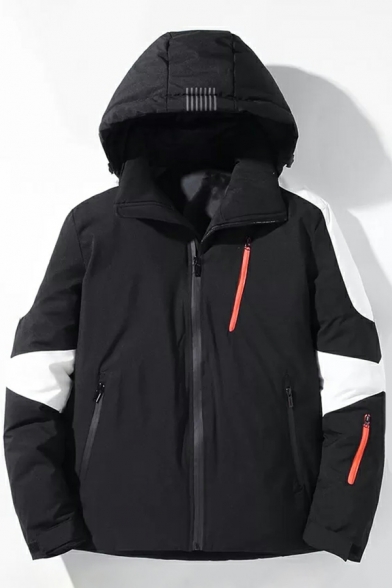 Creative Down Coat Color Block Hooded Full Zipper Down Coat for Men