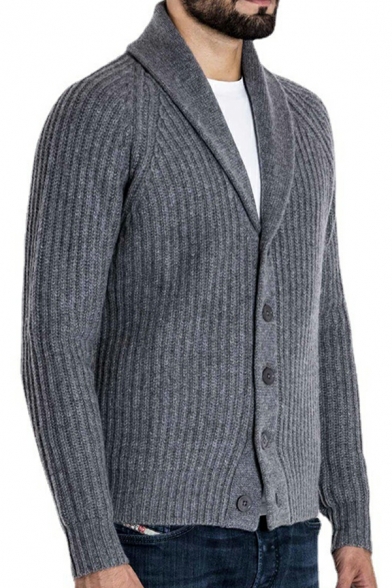 Leisure Boy's Cardigan Plain Rib Hem Shawl Collar Long-Sleeved Skinny Button Fly Cardigan