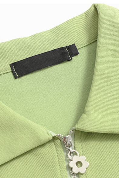 Leisure Cropped T-Shirt Plain Spread Collar Full Zipper Short-Sleeved T-Shirt for Women