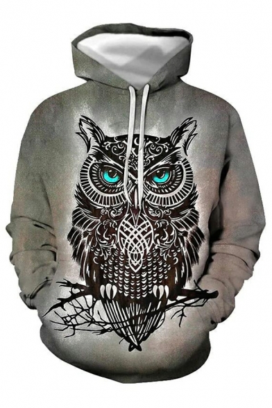Men Sporty Hoodie 3D Owl Print Drawstring Kanga Pocket Ribbed Trim Hoodie