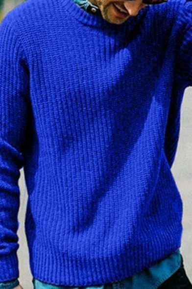 Sporty Sweater Solid Color Round Neck Ribbed Trim Sweater for Men