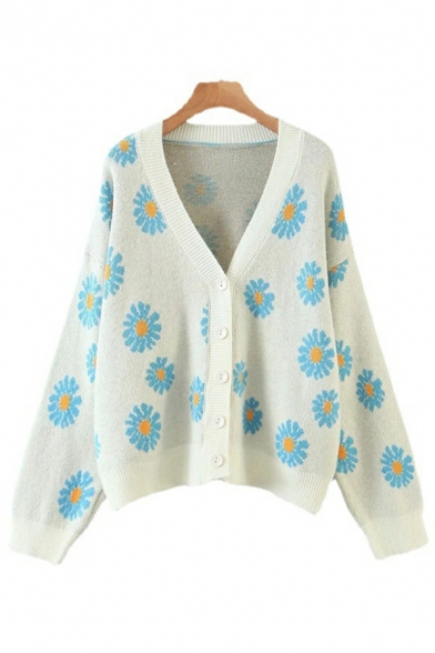 Street Look Cardigan Floral Patterned V-Neck Button down Cardigan for Women