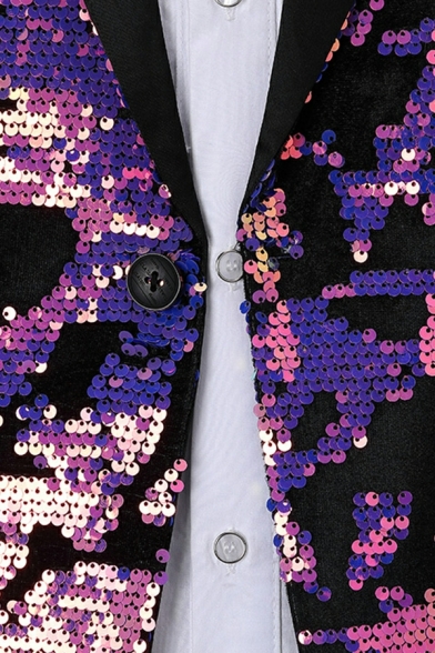 Stylish Blazer Sequins Patterned Lapel Collar Single Button Front Pocket Blazer for Men
