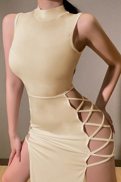 Trendy Bodycon Dress Plain Half-Height Collar Sleeveless Hollow out Maxi Dress for Women
