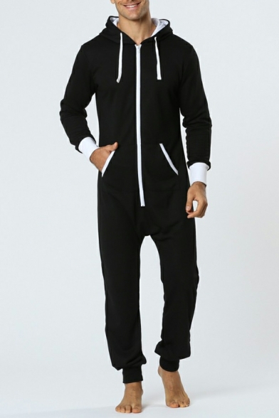 Unique Jumpsuits Contrast Line Pattern Hooded Full Zip Long Sleeve Maxi Jumpsuits for Men