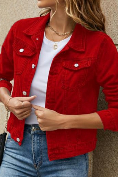 Urban Denim Jacket Solid Color Spread Collar Button up Denim Jacket for Women