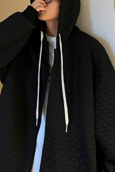 Urban Men's Hoodie Plain Pocket Oversize Hooded Long Sleeves Drawcord Zip Placket Hoodie