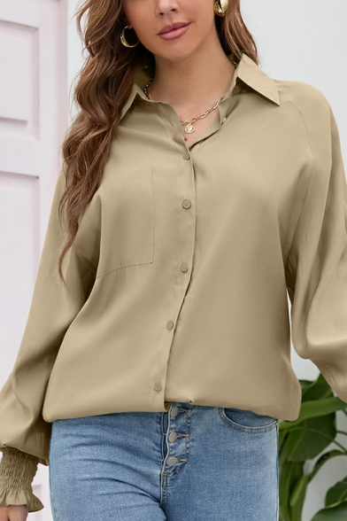 Women Chic Shirt Plain Spread Collar Button down Bishop Long Sleeve Shirt
