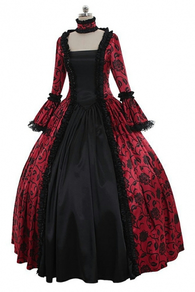 Cosplay Party Dress Court Long Sleeve Vintage Print Lace-Up Flare Maxi Dress