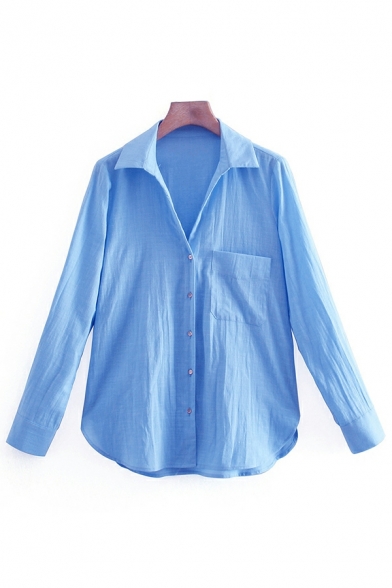 Girls Street Look Shirt Plain Chest Pocket Long Sleeve Spread Collar Button Fly Shirt
