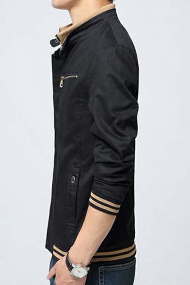 Guys Leisure Jacket Contrast Line Pocket Long-Sleeved Stand Neck Fitted Zip Placket Jacket