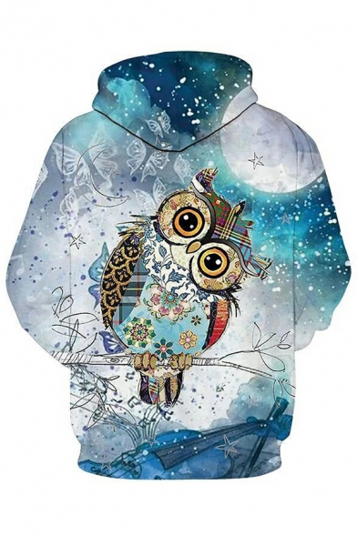 Men Sporty Hoodie 3D Owl Print Drawstring Kanga Pocket Ribbed Trim Hoodie
