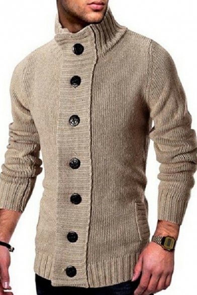 Mens Dashing Cardigan Solid Color Stand Collar Long-Sleeved Skinny Button Up Cardigan