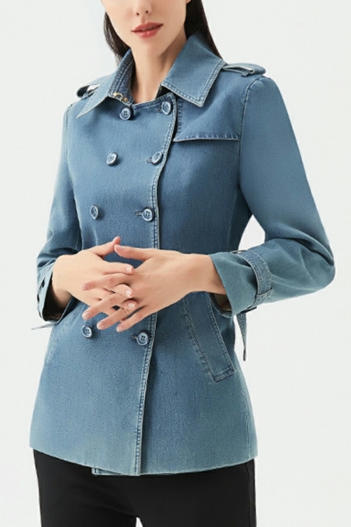 Popular Denim Jacket Solid Color Spread Collar Double Breasted Denim Jacket for Women