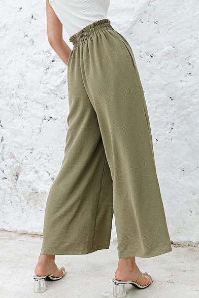 Women Boyish Pants Plain Elastic Waist High-Rise Wide Leg Pants