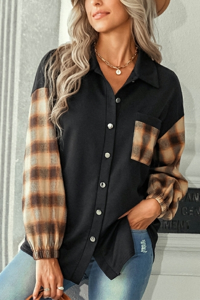Women Street Style Shirt Square Printed Point Collar Button up Long-Sleeved Shirt