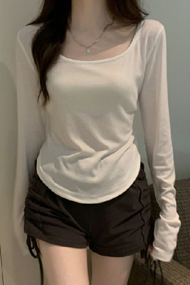 Ins Long-sleeved Women's Tee Casual U-neck Slim Fit Irregular T-shirt