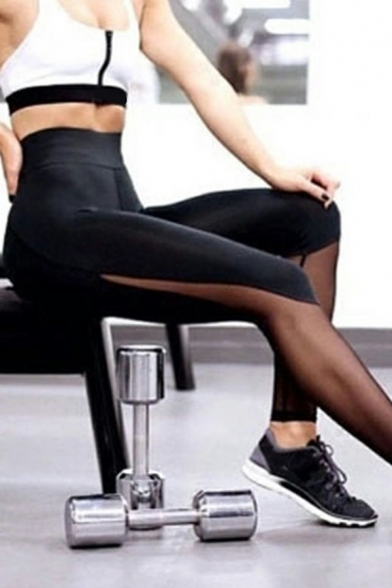 Popular Leggings Solid Color Elastic Waist See-Through Leggings for Women