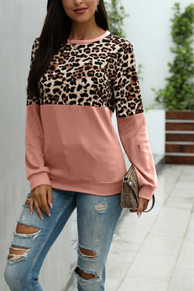 Women Fashionable Sweatshirt Leopard Print Long-Sleeved Regular Round Collar Sweatshirt
