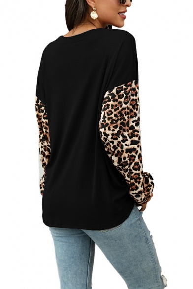 Casual Girls Sweatshirt Leopard Pattern Long Sleeve Round Collar Pullover Sweatshirt
