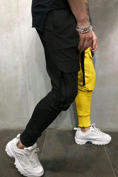Casual Sports Pants Men 4-pocket Styling Gathered Ankle Colorblock Drawstring Trousers