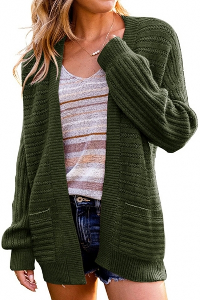 Chic Cardian Whole Colored Long Sleeve V Neck Pocket Detail Open Front Cardian for Ladies