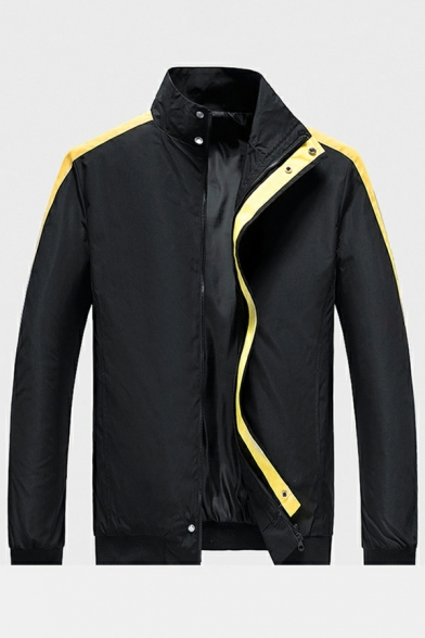 Fashionable Men Jacket Contrast Color Pocket Long Sleeve Stand Collar Zip Fly Jacket