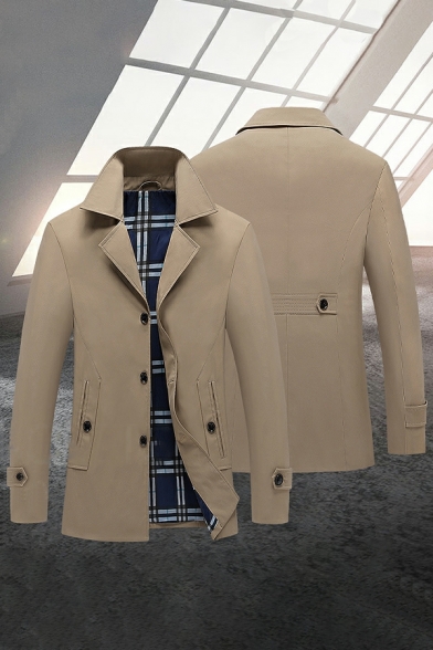 Guys Modern Coat Pure Color Notched Lapel Regular Fitted Single Breasted Trench Coat