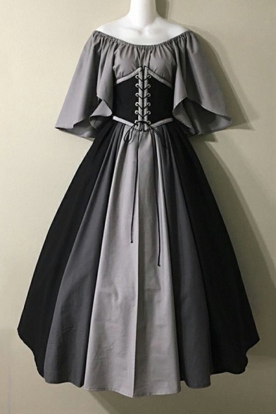 Medieval Vintage Dress Color Collision Mosaic Fly Sleeve Off The Shoulder Expansion Skirt