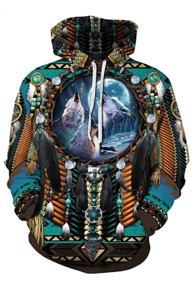 Men Leisure Hoodie 3D Tribal Printed Drawstring Kangaroo Pocket Rib Cuffs Hoodie