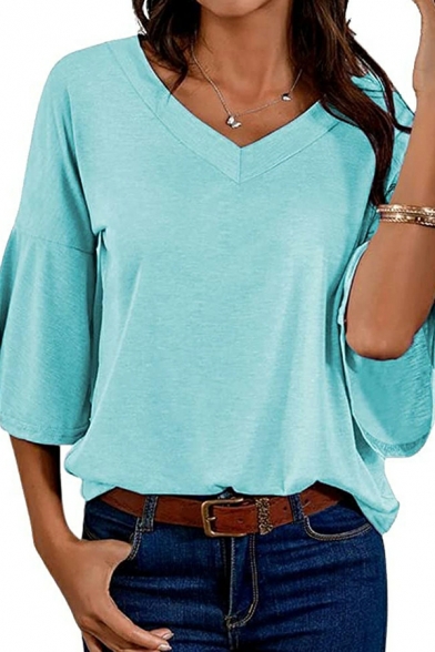 Plain Loose T-shirt Women V-Neck 3/4 Length Sleeve Cotton T-shirt
