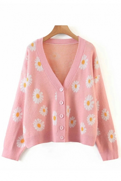 Street Look Cardigan Floral Patterned V-Neck Button down Cardigan for Women