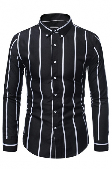Stylish Guy's Shirt Stripe Printed Long-Sleeved Slim Fitted Button Front Curved Hem Shirt