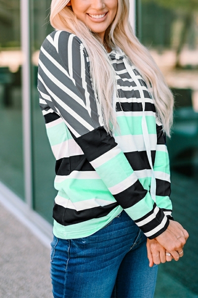 Women Stylish Hoodie Striped Pattern Regular Long-Sleeved Hooded Drawstring Hoodie