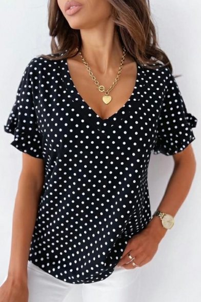 Casual T-Shirt Ladies Simple Short Sleeve V-Neck Polka Dot Black Top