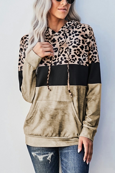 Fashion Hoodie Leopard Printed Long Sleeve Regular Hooded Drawstring Hoodie for Women