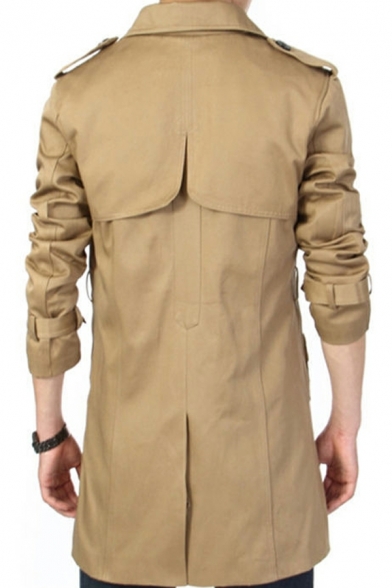 Guys Dashing Jacket Pure Color Pocket Long Sleeve Turn-down Collar Button-up Trench Jacket