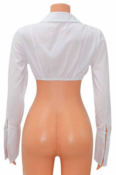Hot Ladies Shirt Pure Color Slimming Long Sleeve Spread Collar Button-up Crop Shirt