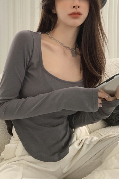 Long-sleeved Women's Bottoming Tee Casual U-neck Slim Fit Irregular T-shirt