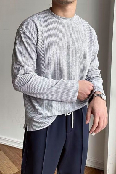 Men Elegant Sweatshirt Stripe Print Round Neck Ribbed Trim Sweatshirt