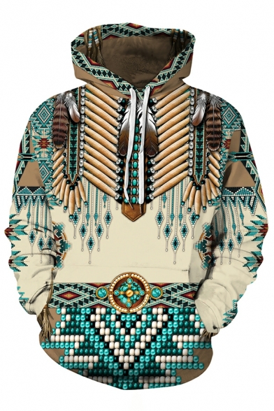 Men Leisure Hoodie 3D Tribal Printed Drawstring Kangaroo Pocket Rib Cuffs Hoodie