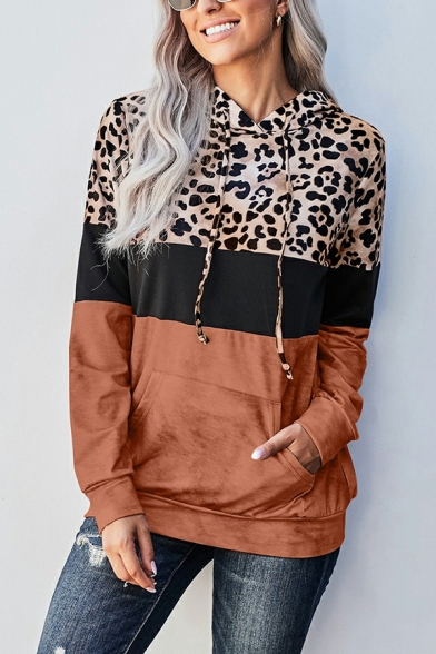 Fashion Hoodie Leopard Printed Long Sleeve Regular Hooded Drawstring Hoodie for Women