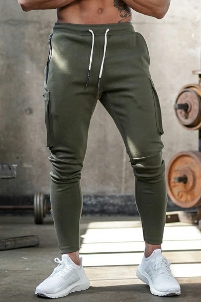 Men's Sports Fitness Cargo Pants Camo Zip Pocket Drawstring Slim Trousers